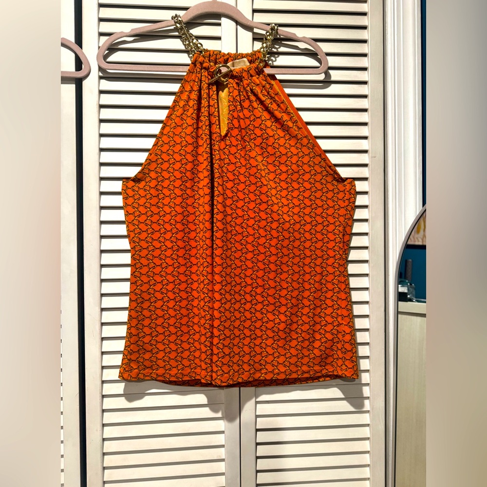 Michael Kors Orange Gold Chain Print Halter Neck Top Chain Link XL